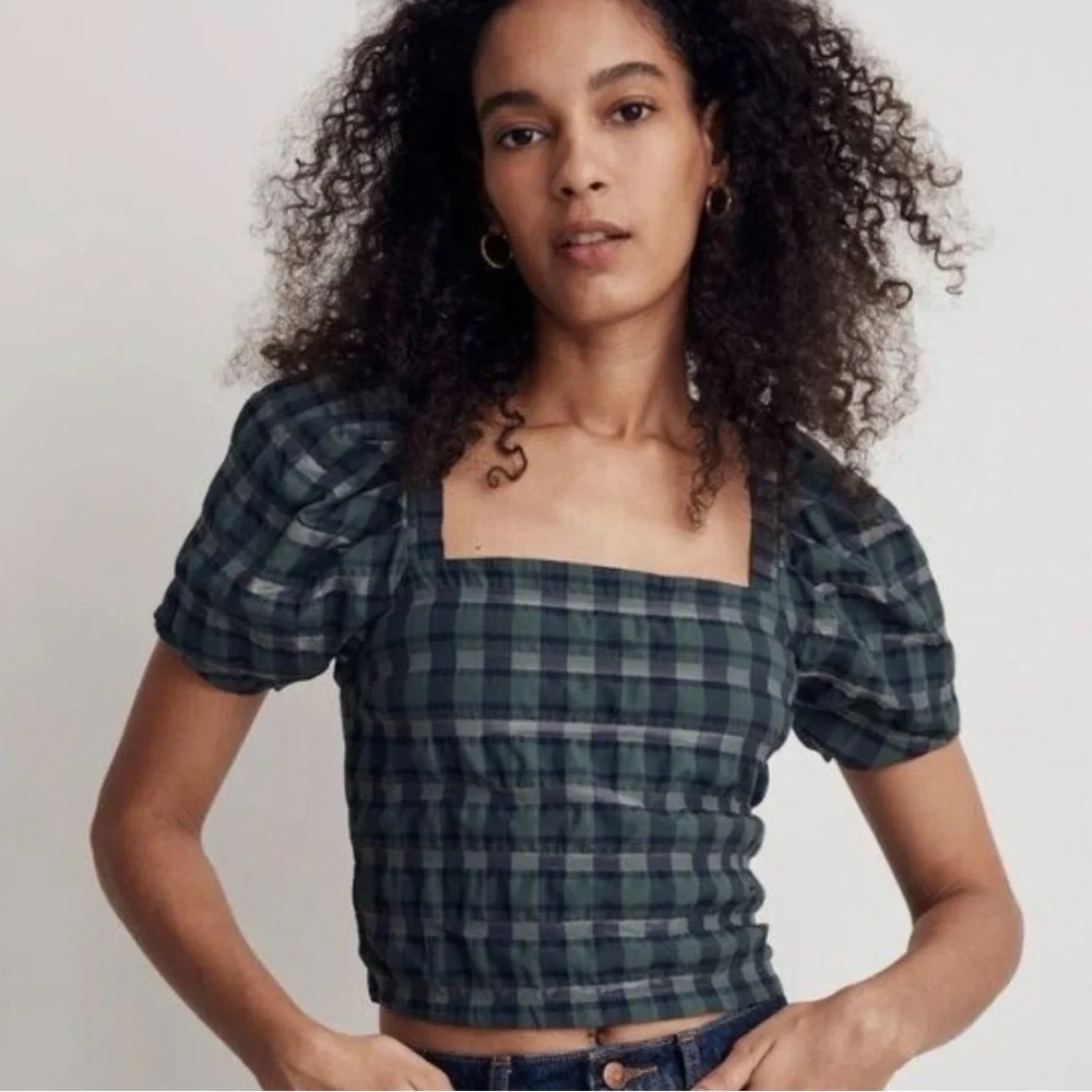 Madewell Green and Navy Plaid Puff Sleeve Crop Top